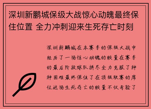 深圳新鹏城保级大战惊心动魄最终保住位置 全力冲刺迎来生死存亡时刻